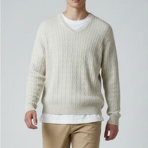 Arrow Men's Cream Beige Cotton Cashmere Cable Knit V-Neck Sweater Size Large